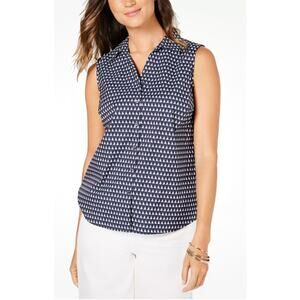 Charter Club Sleeveless Sailboat-Print Blue Sleeveless Button Down Blouse 24W‎